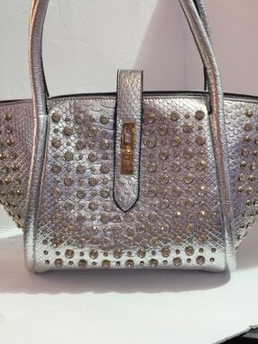 Metallic Silver Studded Tote Handbag